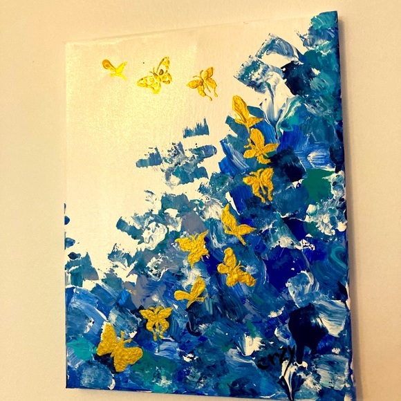 Original acrylic painting blue with gold butterflies.11 inches x 14 inches.